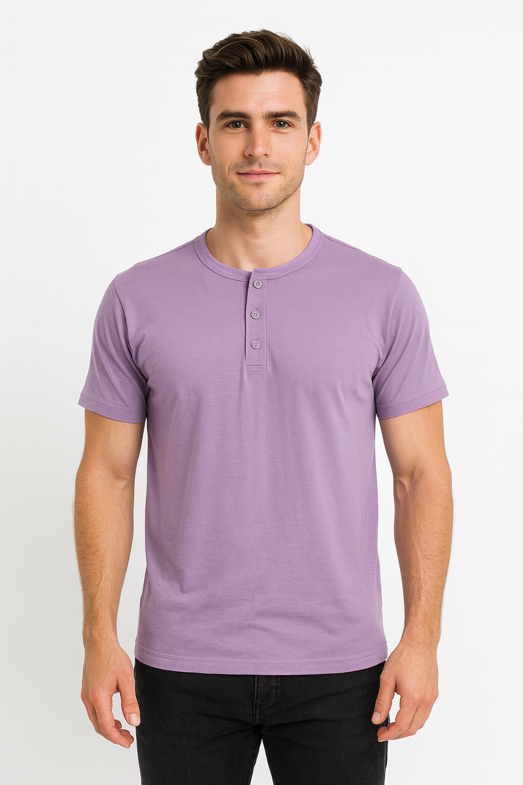 Men’s Purple Henley T-Shirt – Casual Summer Wear | Soft Cotton Button Neck Tee