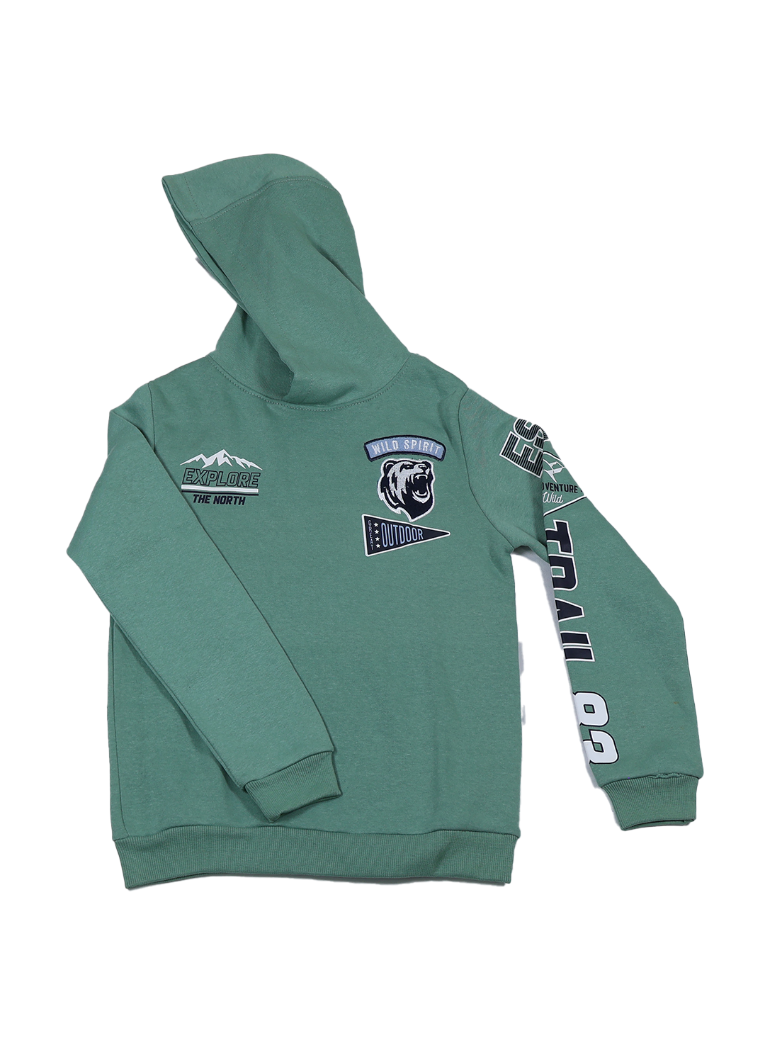 Boys Green Printed Hoodie – Winter Warm Sweatshirt | Trendy Casual Wear for Kids