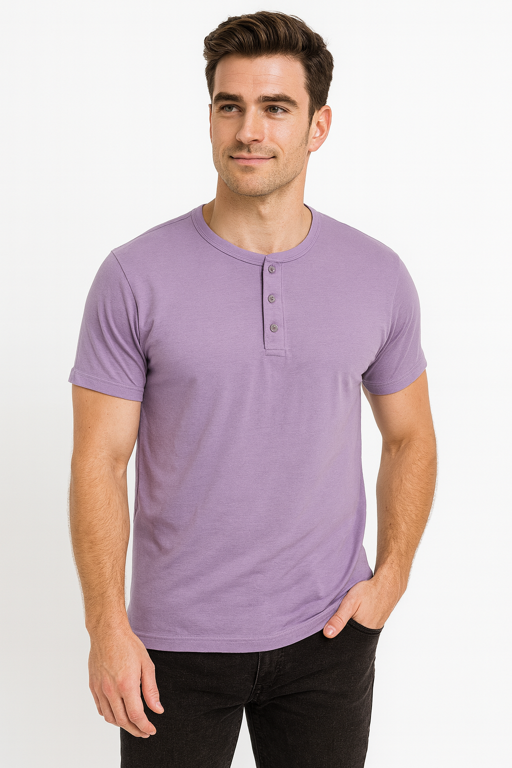 Men’s Purple Henley T-Shirt – Casual Summer Wear | Soft Cotton Button Neck Tee