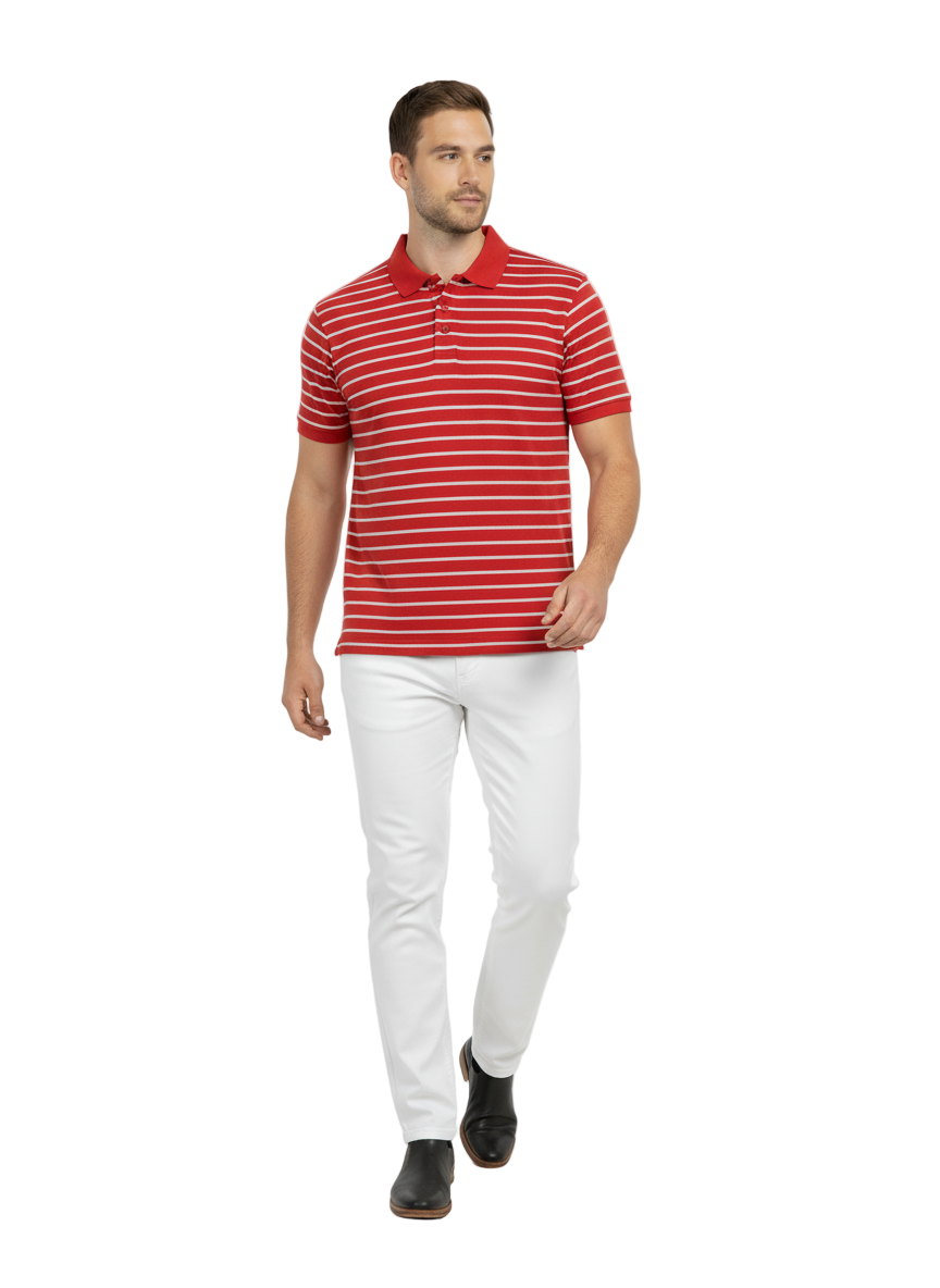 Men’s Red Striped Polo Shirt – Soft Cotton Blend | Stylish Summer Casual Wear