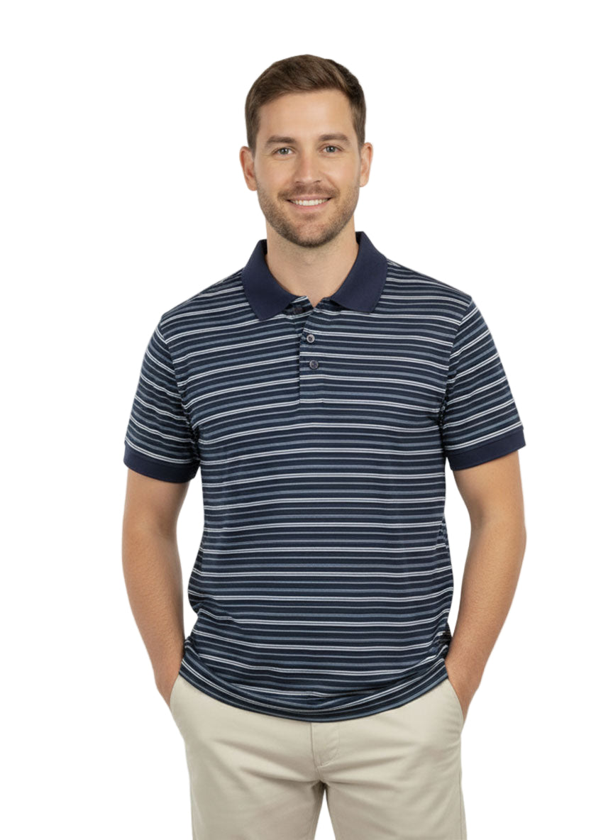 Men’s Navy Blue Striped Polo Shirt – Soft Cotton Blend | Classic Summer Casual Wear