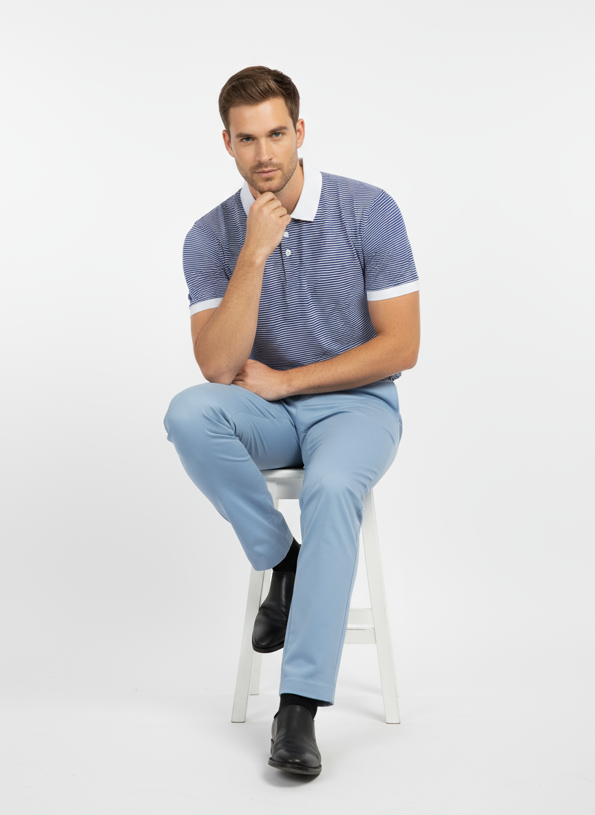 Men’s Blue & White Striped Polo Shirt – Cotton Blend Summer Wear | Smart Casual T-Shirt