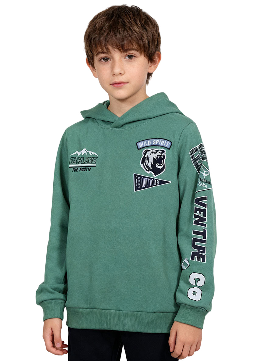 Boys Green Printed Hoodie – Winter Warm Sweatshirt | Trendy Casual Wear for Kids