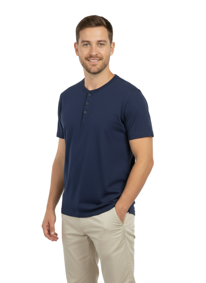 Men’s Navy Blue Henley T-Shirt – Casual Summer Wear | Soft Cotton Button Neck Tee