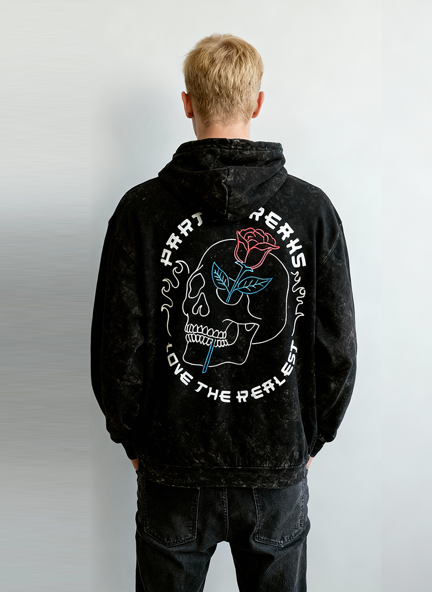 Unisex Black Tie-Dye Hoodie – Embroidered Rose Design