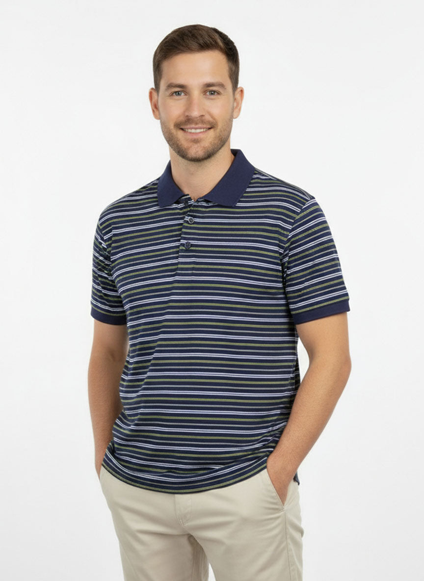 Men’s Navy Blue Striped Polo Shirt – Soft Cotton Blend | Stylish Summer Casual Wear