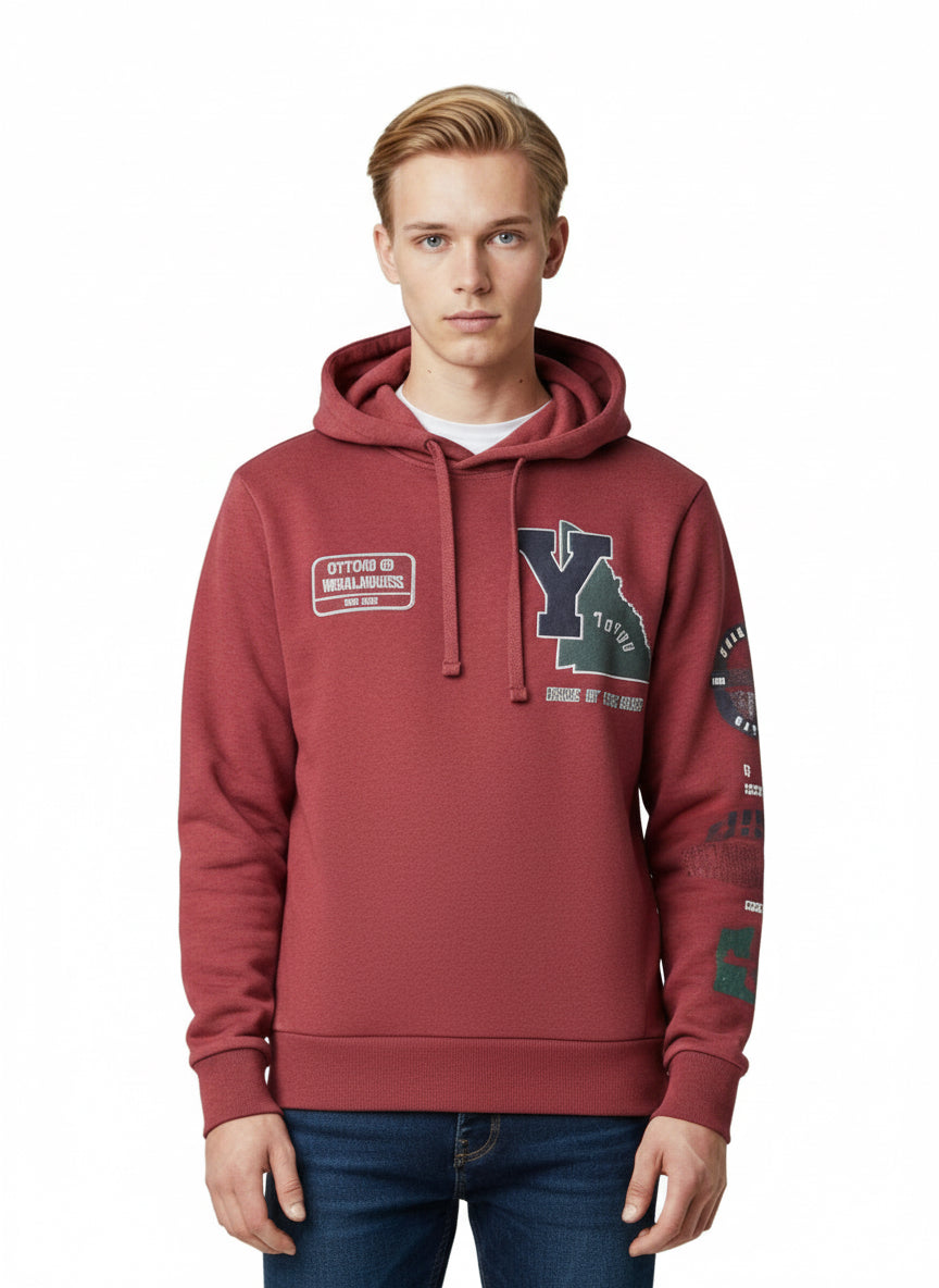 Men’s Maroon Printed Hoodie – Winter Fleece Sweatshirt | Stylish Casual Wear for Men