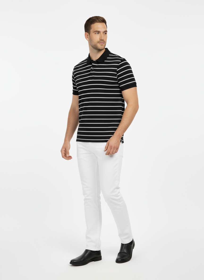 Men’s Black & White Striped Polo Shirt – Soft Cotton Summer Wear | Classic Casual Style