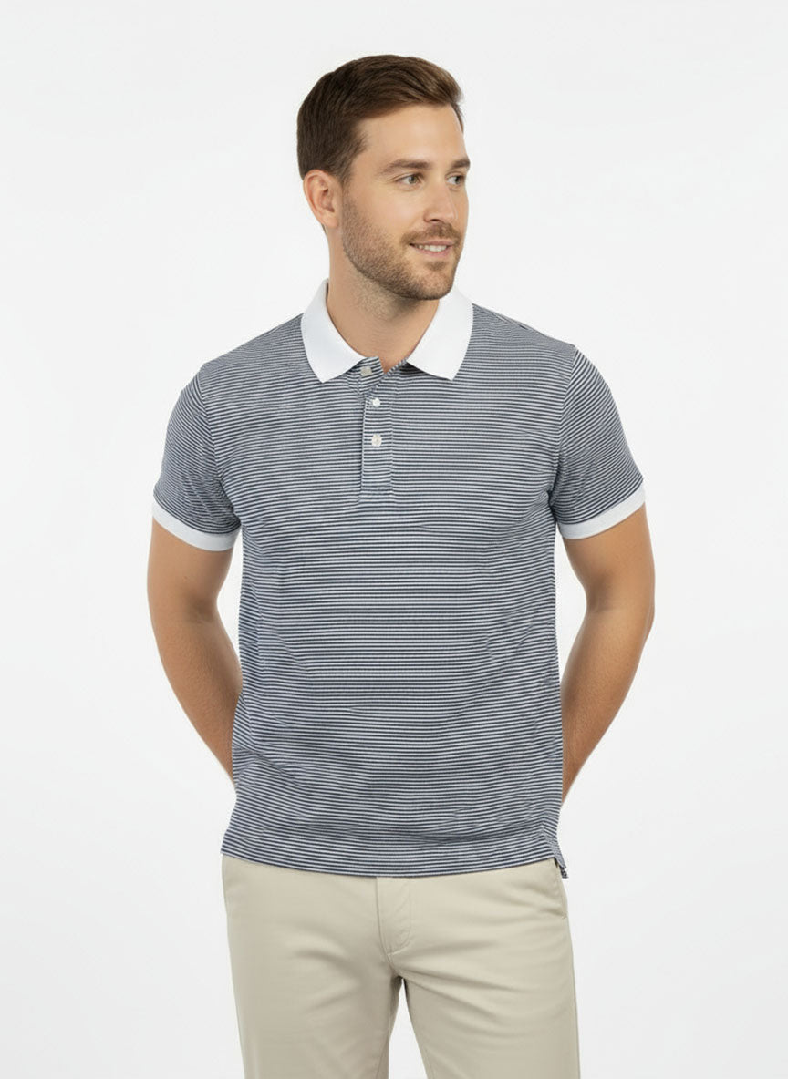 Men’s Blue & White Striped Polo Shirt – Cotton Blend Summer Wear | Classic White Collar Polo