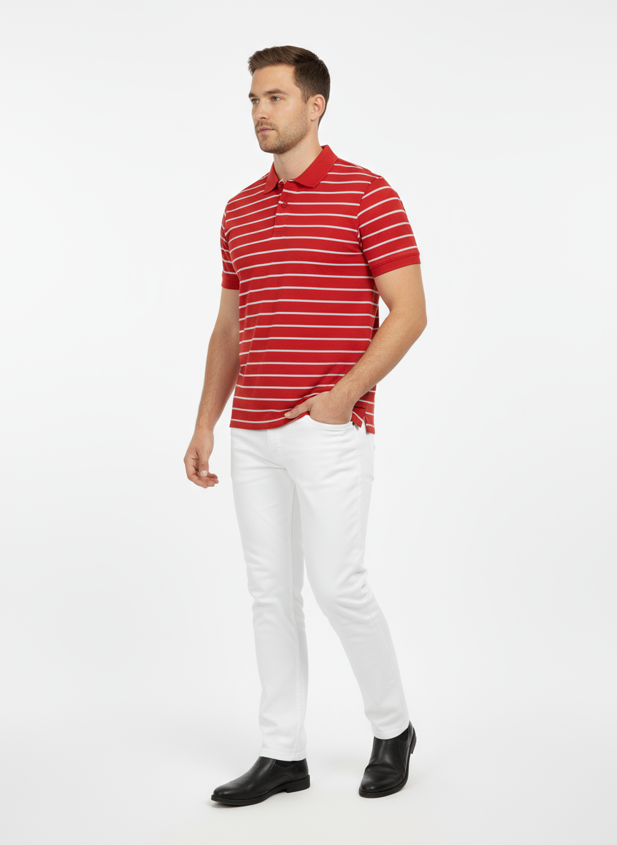 Men’s Red Striped Polo Shirt – Soft Cotton Blend | Stylish Summer Casual Wear