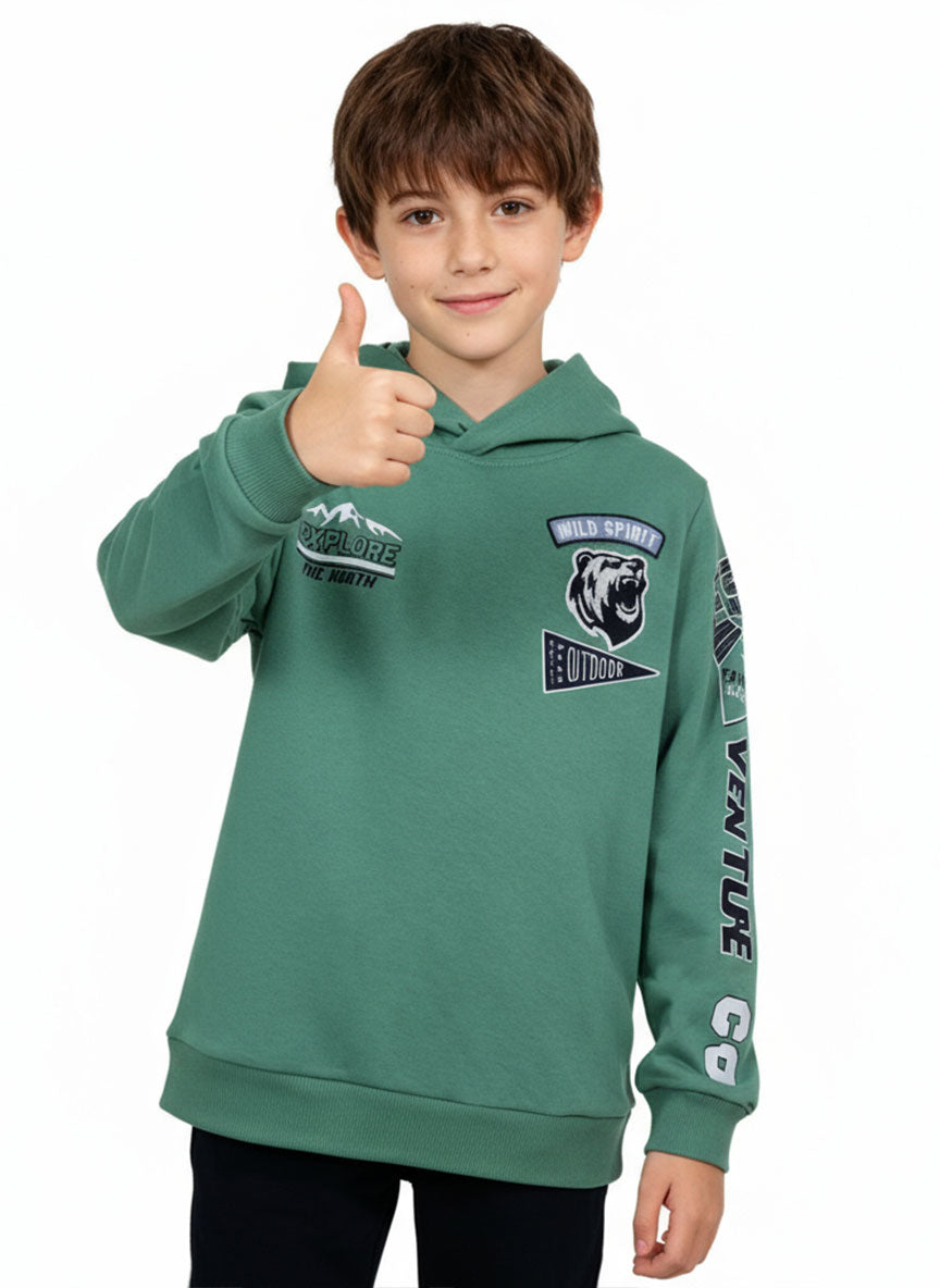 Boys Green Printed Hoodie – Winter Warm Sweatshirt | Trendy Casual Wear for Kids