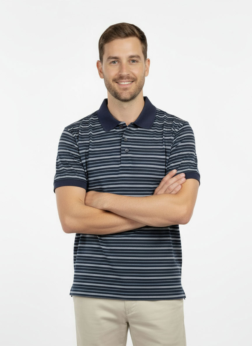 Men’s Navy Blue Striped Polo Shirt – Soft Cotton Blend | Classic Summer Casual Wear