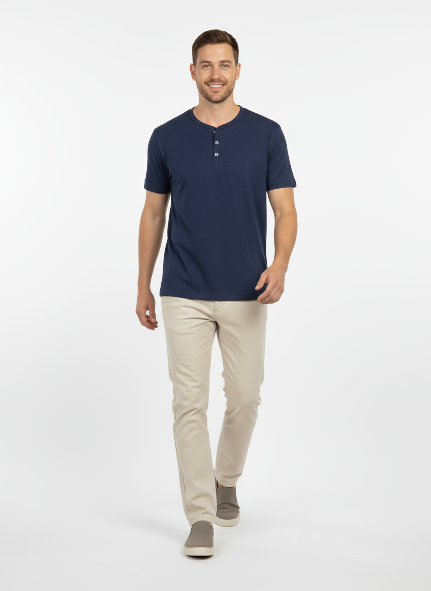 Men’s Navy Blue Henley T-Shirt – Casual Summer Wear | Soft Cotton Button Neck Tee