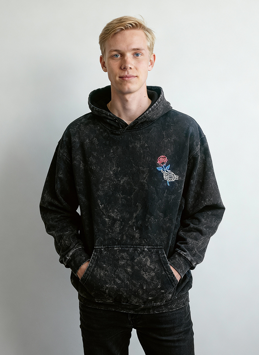 Unisex Black Tie-Dye Hoodie – Embroidered Rose Design