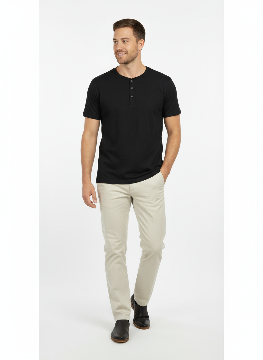 Men’s Black Henley T-Shirt – Casual Summer Wear | Soft Cotton Button Neck Tee