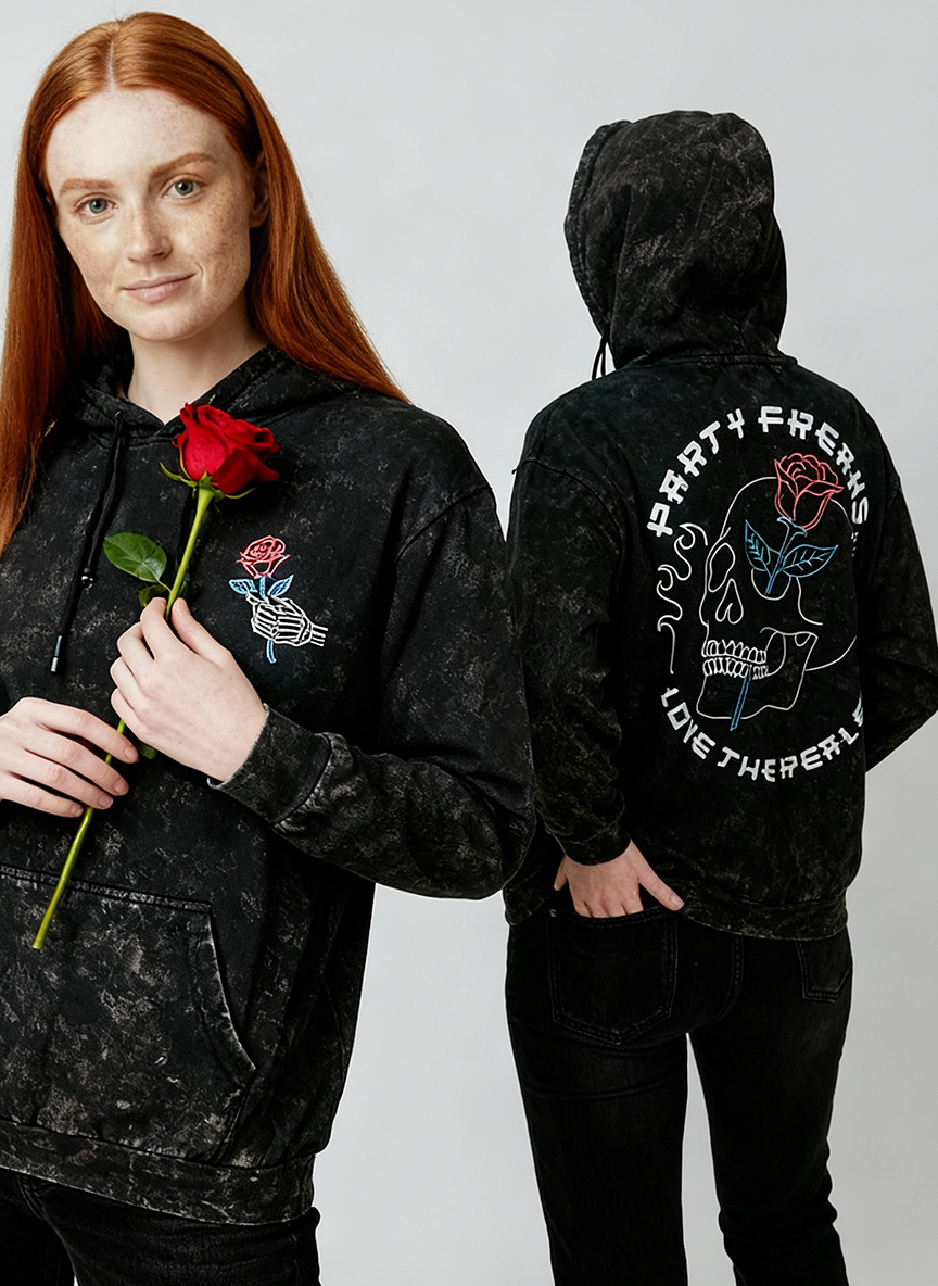 Unisex Black Tie-Dye Hoodie – Embroidered Rose Design