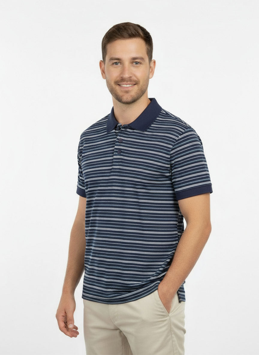 Men’s Navy Blue Striped Polo Shirt – Soft Cotton Blend | Classic Summer Casual Wear