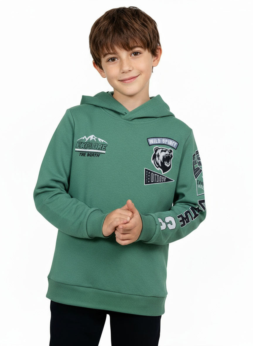 Boys Green Printed Hoodie – Winter Warm Sweatshirt | Trendy Casual Wear for Kids