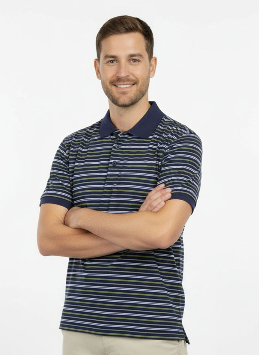 Men’s Navy Blue Striped Polo Shirt – Soft Cotton Blend | Stylish Summer Casual Wear