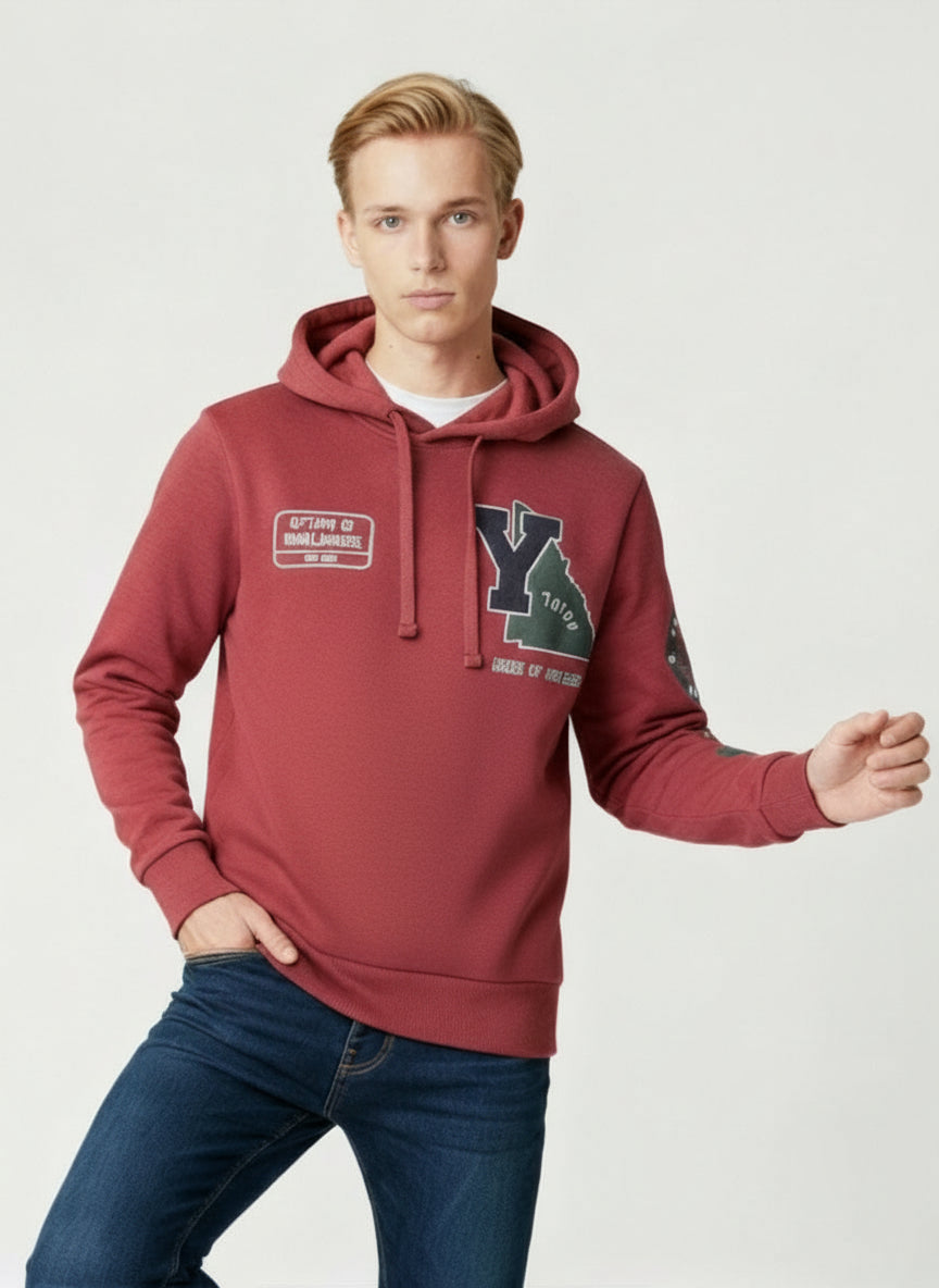 Men’s Maroon Printed Hoodie – Winter Fleece Sweatshirt | Stylish Casual Wear for Men