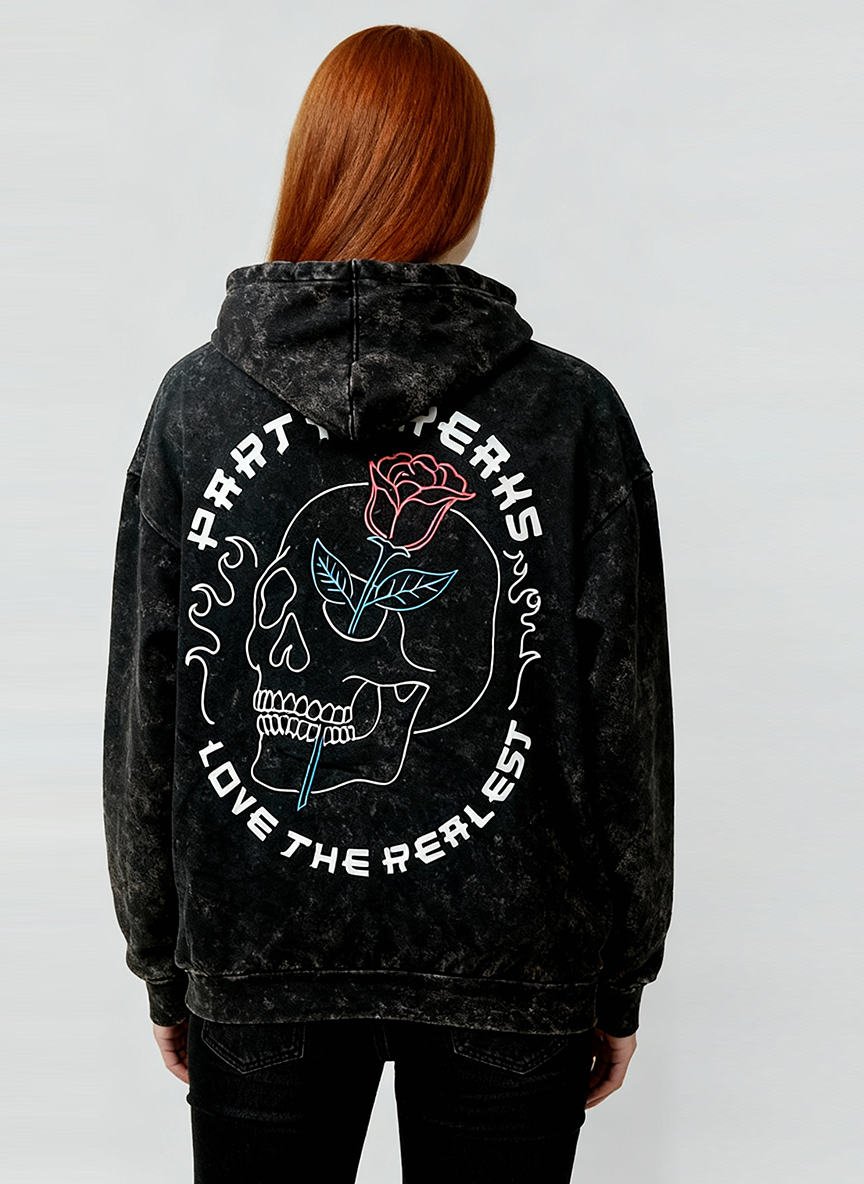 Unisex Black Tie-Dye Hoodie – Embroidered Rose Design