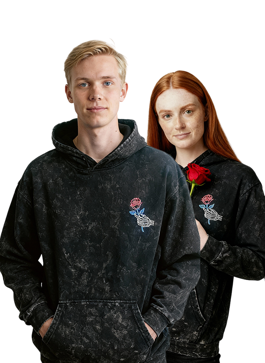 Unisex Black Tie-Dye Hoodie – Embroidered Rose Design