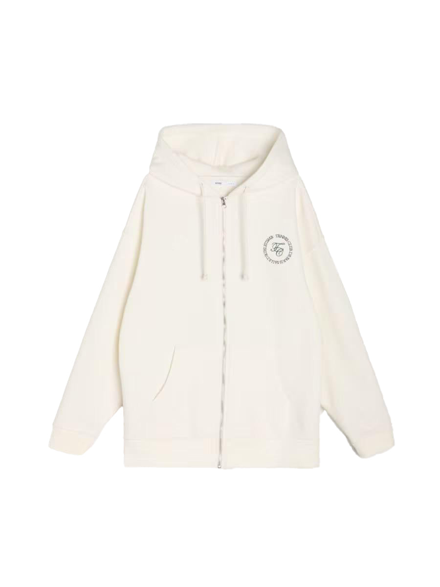Ladies Off-White Zip-Up Hoodie – CVC Fleece Fabric | Soft & Comfortable with Front Embroidery